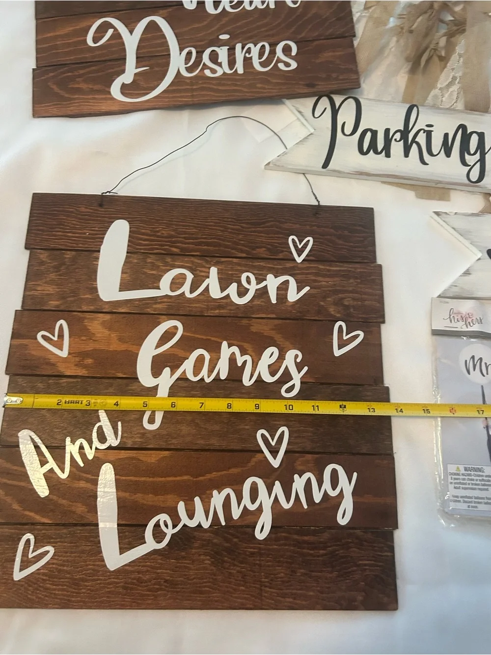 Rustic White & Brown Boho Outdoor Wedding Signs and Ribbon Garland Deco Bundle